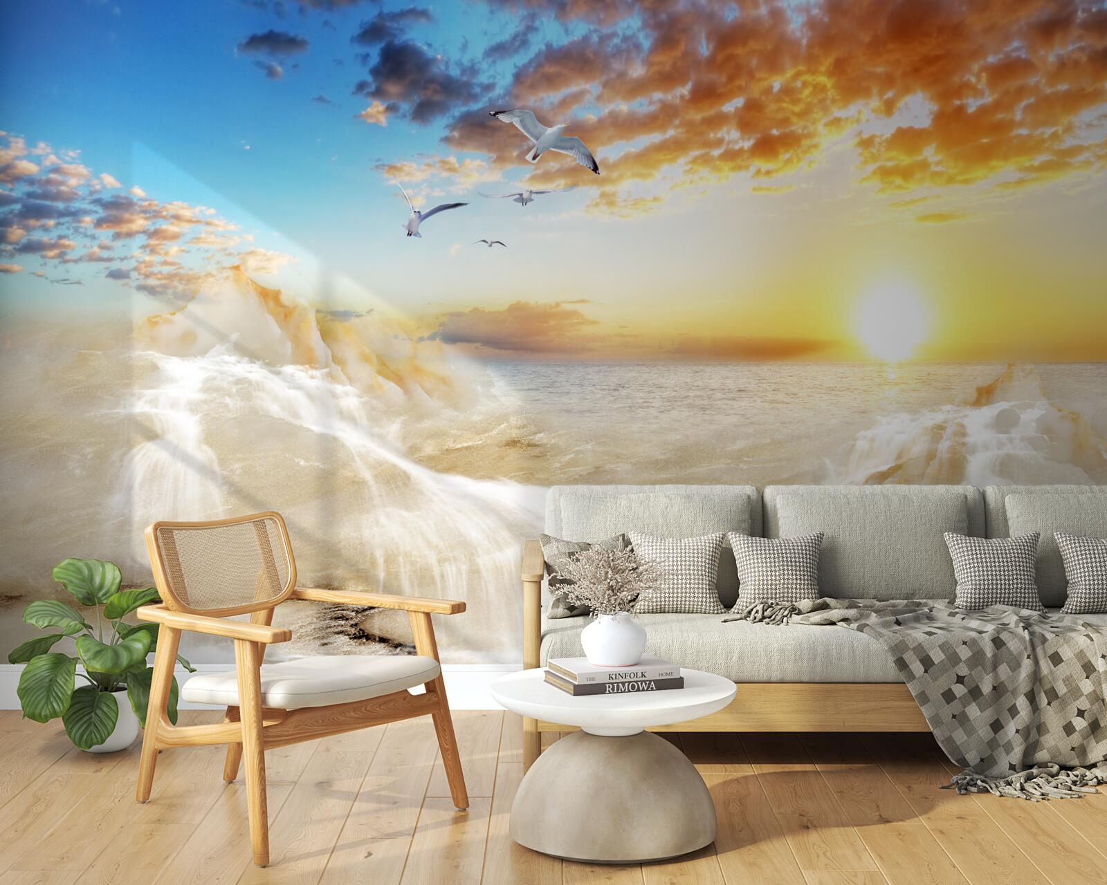 Фотошпалери захід сонця над морем з чайками