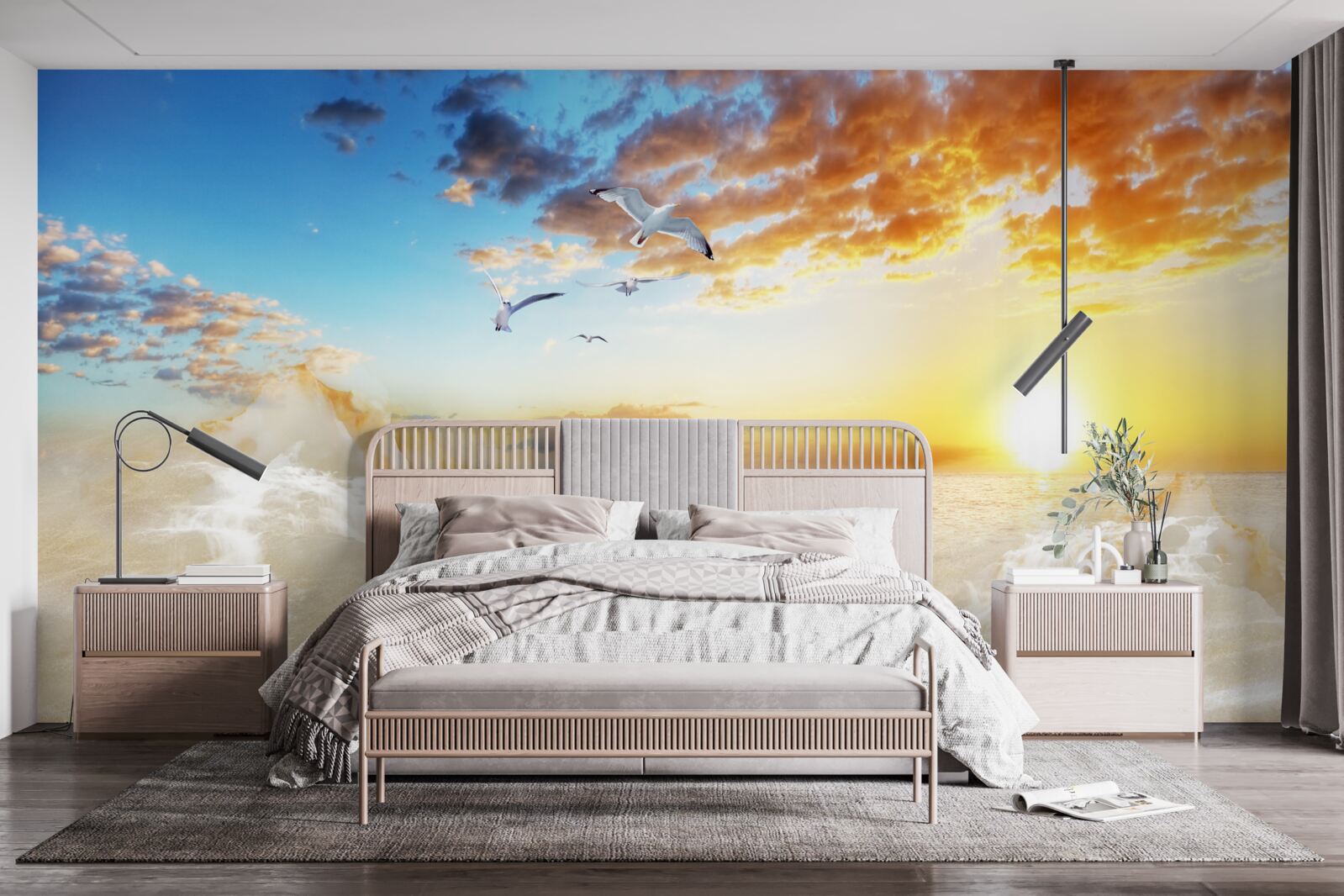 Фотошпалери захід сонця над морем з чайками