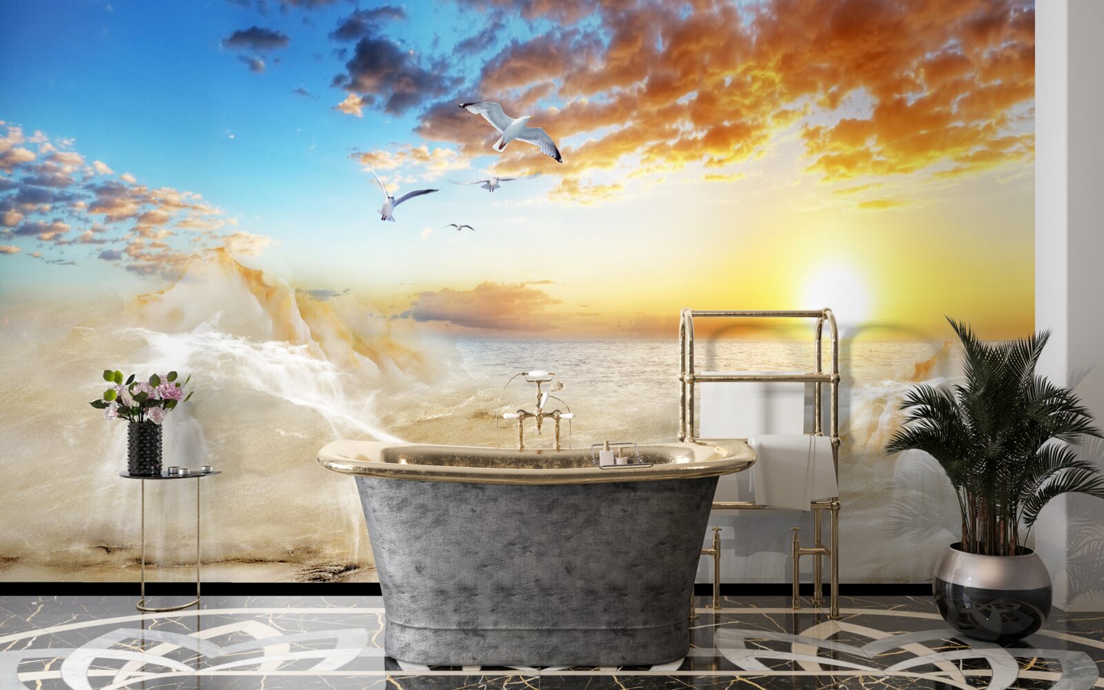 Фотошпалери захід сонця над морем з чайками