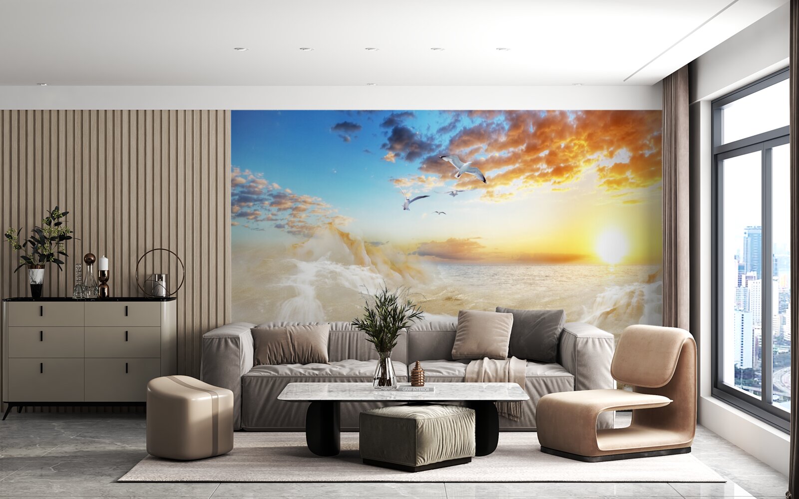 Фотошпалери захід сонця над морем з чайками