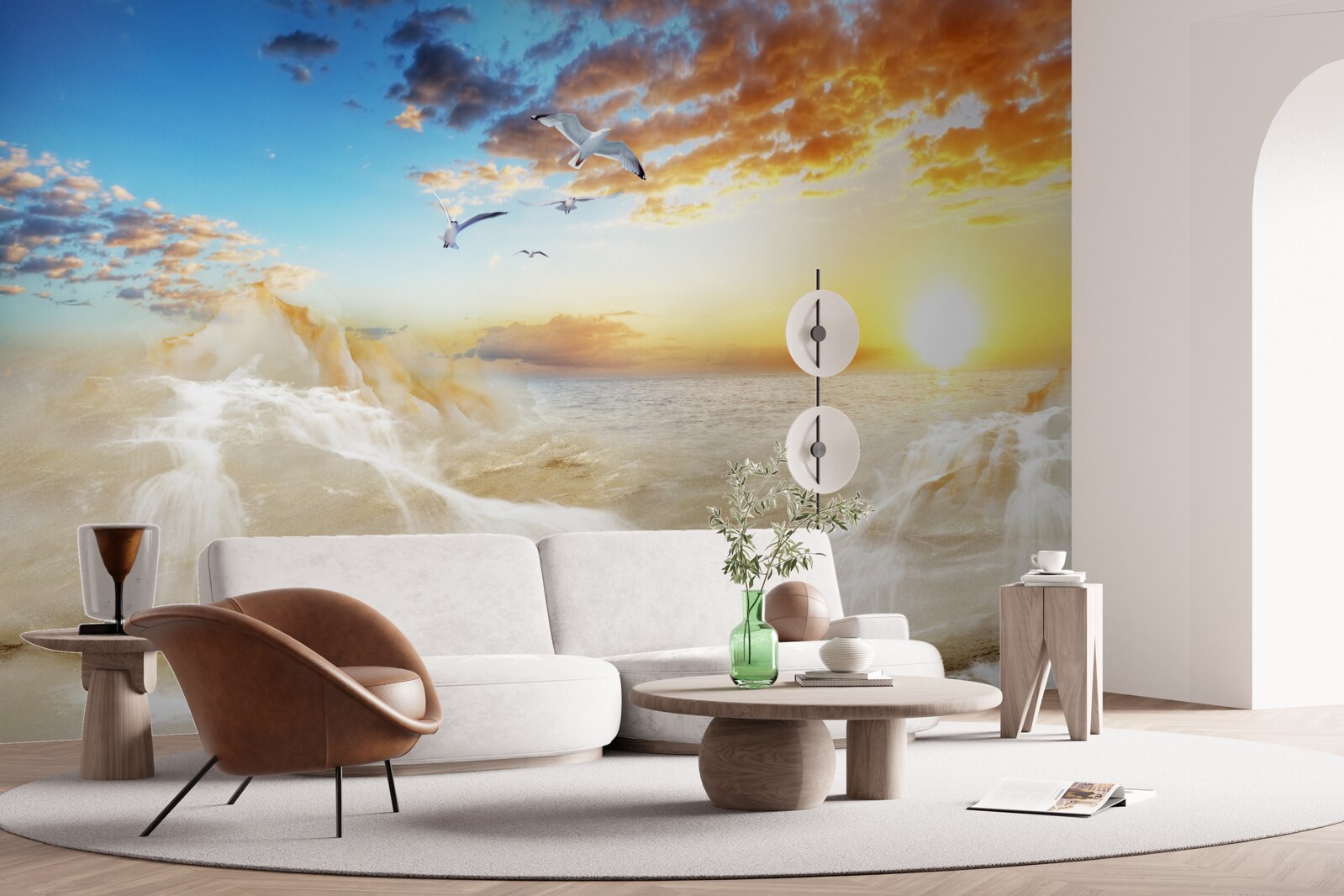 Фотошпалери захід сонця над морем з чайками