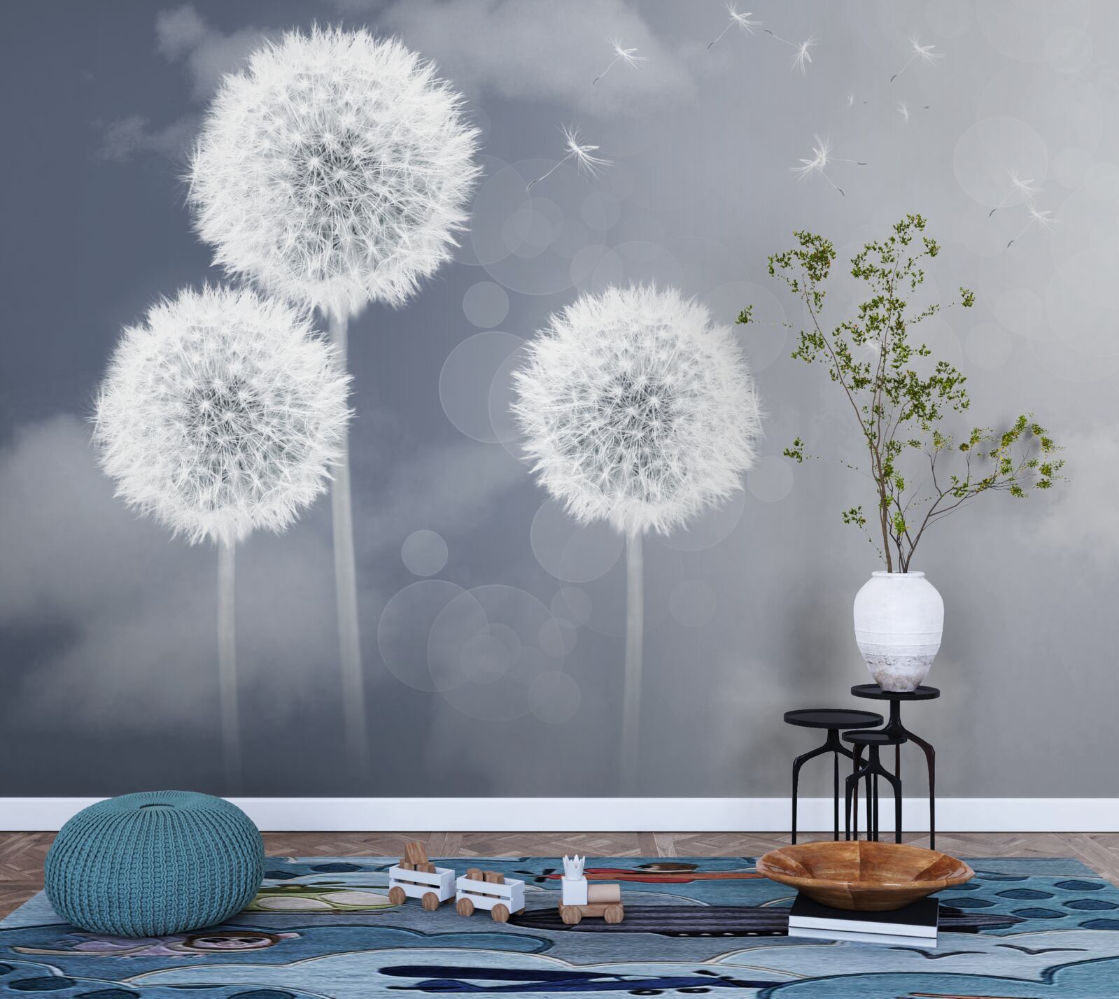 Фотошпалери кульбаба, що ширяє в повітрі