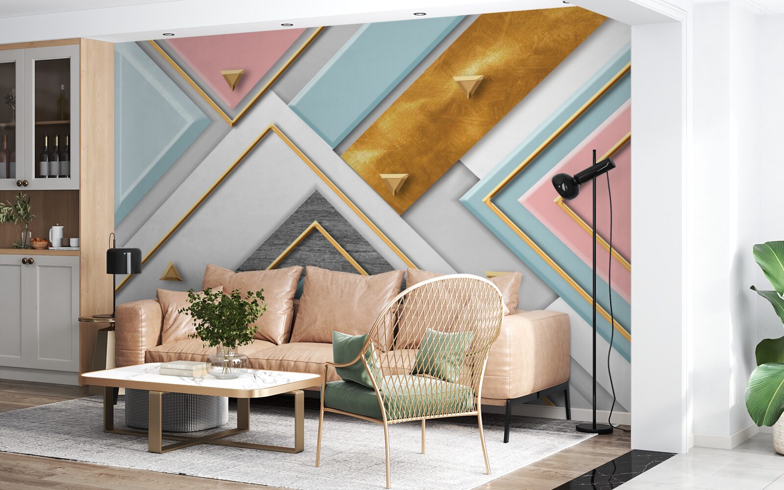 Фотошпалери ніжна рожева мозаїка, прикрашена золотом