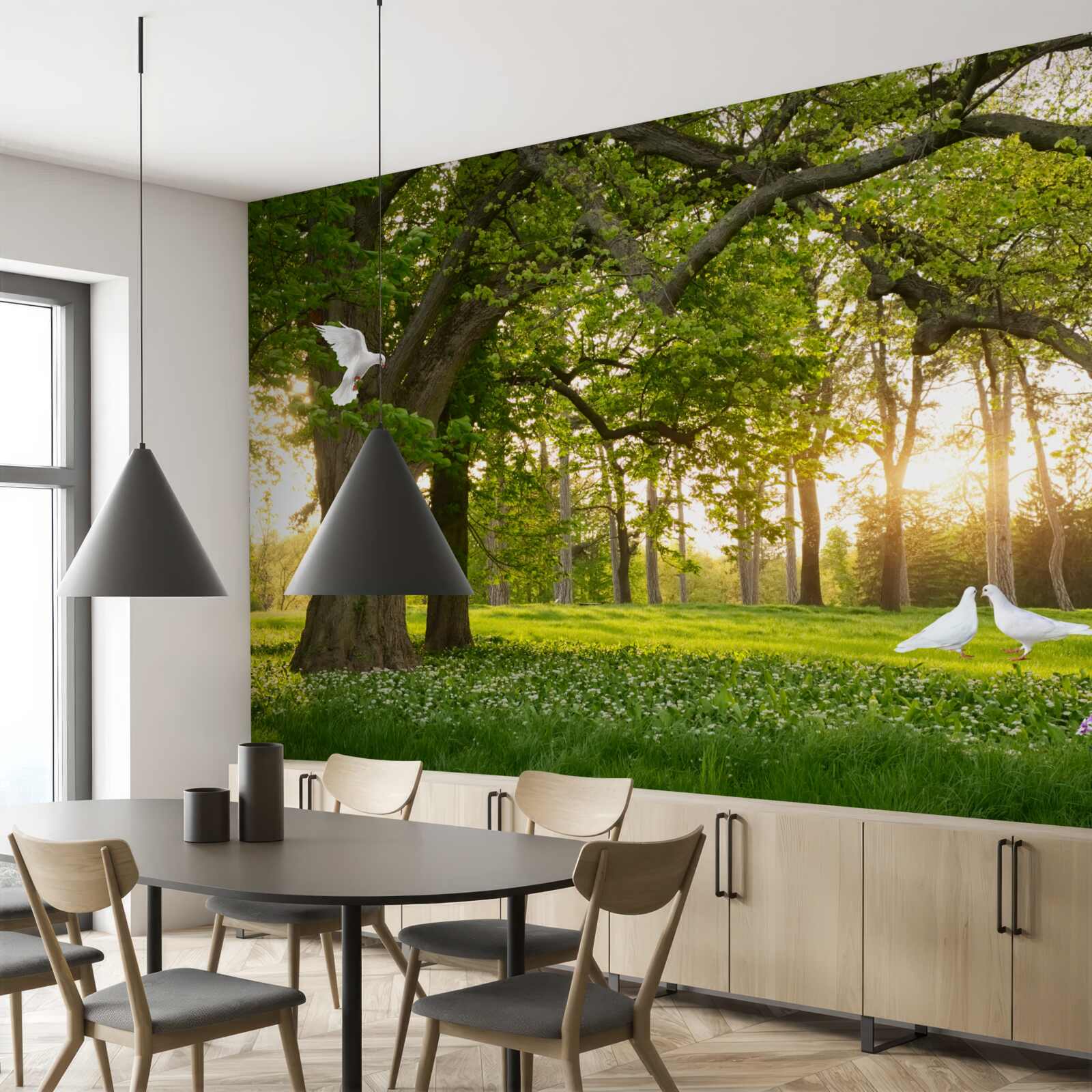 Фотошпалери голуби світять білизною на світанку в зеленому лісі