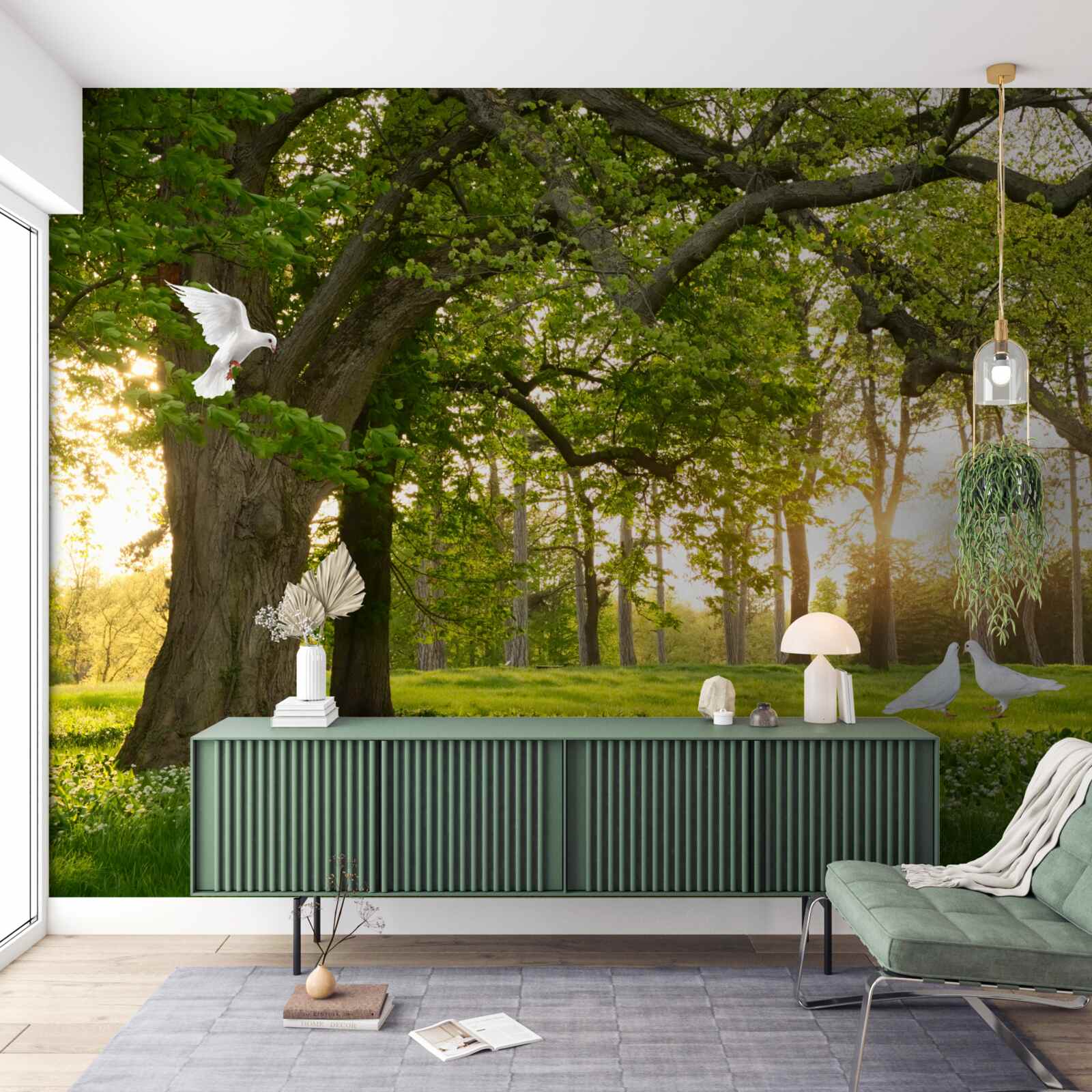 Фотошпалери голуби світять білизною на світанку в зеленому лісі