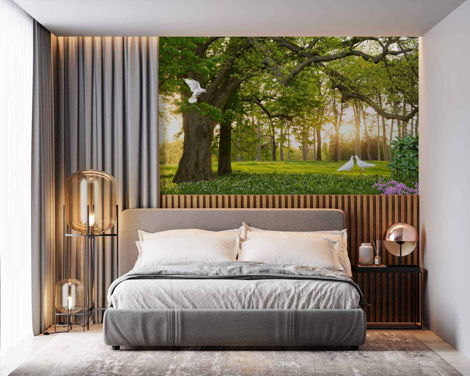 Фотошпалери голуби світять білизною на світанку в зеленому лісі