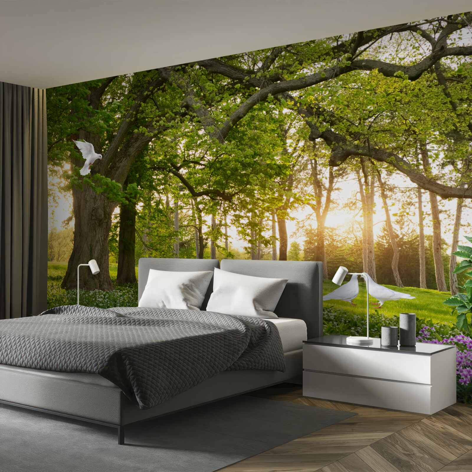 Фотошпалери голуби світять білизною на світанку в зеленому лісі