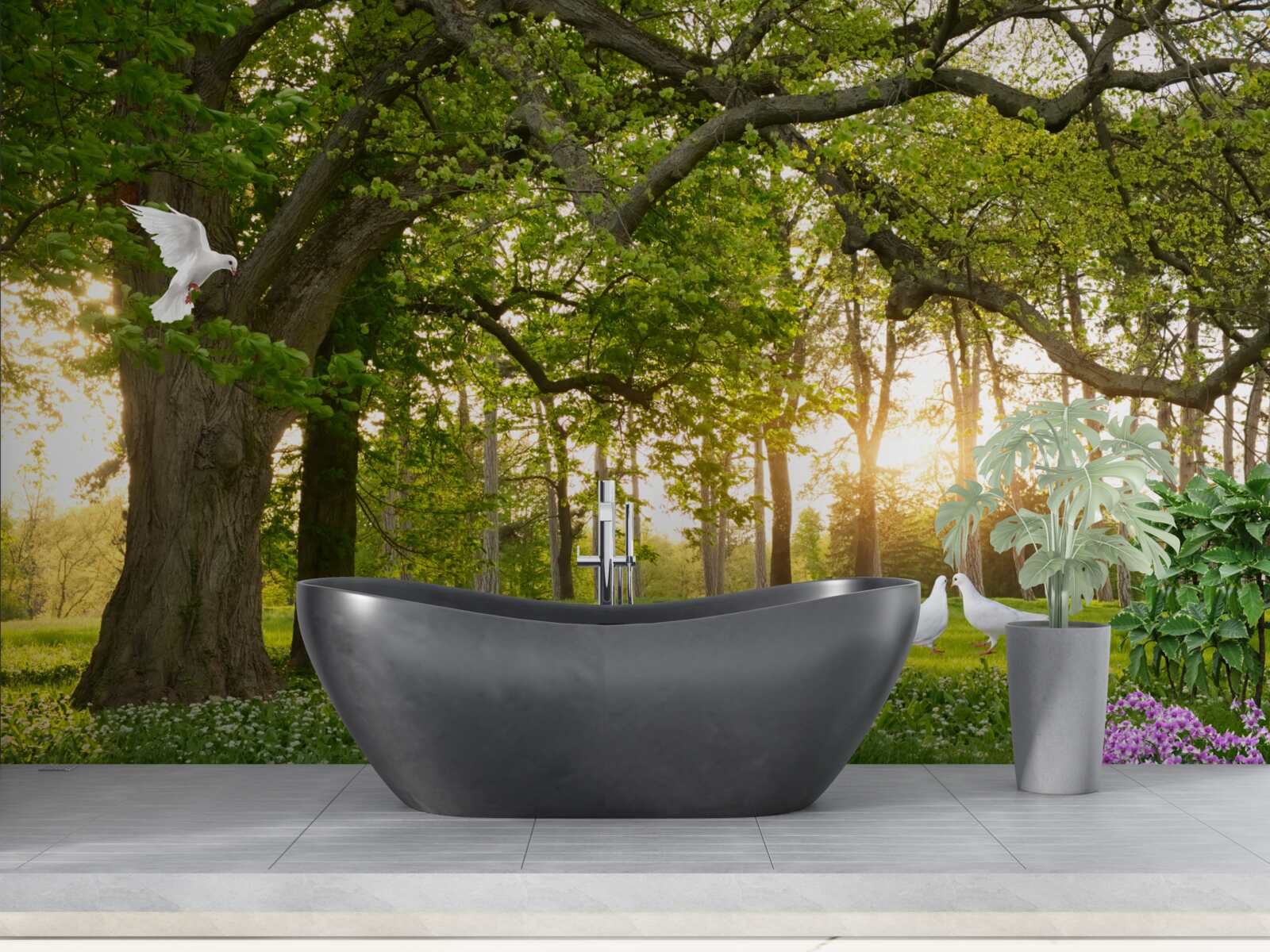 Фотошпалери голуби світять білизною на світанку в зеленому лісі