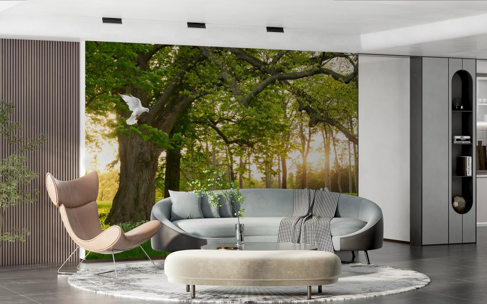 Фотошпалери голуби світять білизною на світанку в зеленому лісі