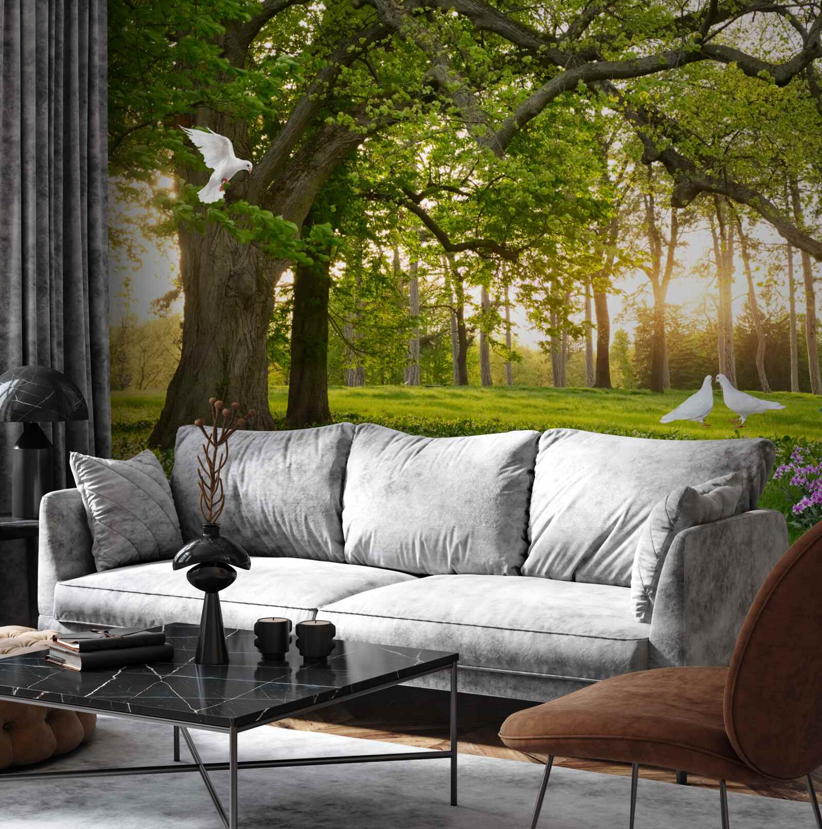 Фотошпалери голуби світять білизною на світанку в зеленому лісі