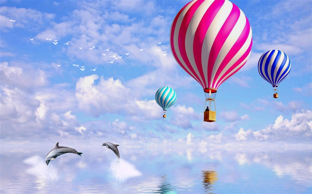 Фотошпалери польоти на повітряній кулі над морем з дельфінами