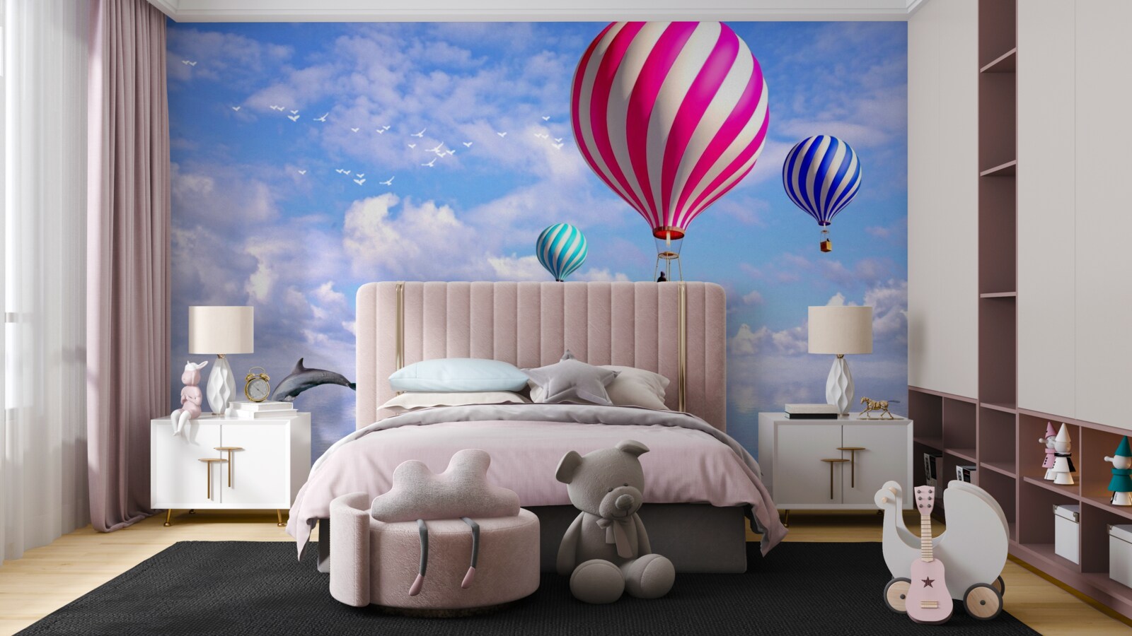 Фотошпалери польоти на повітряній кулі над морем з дельфінами