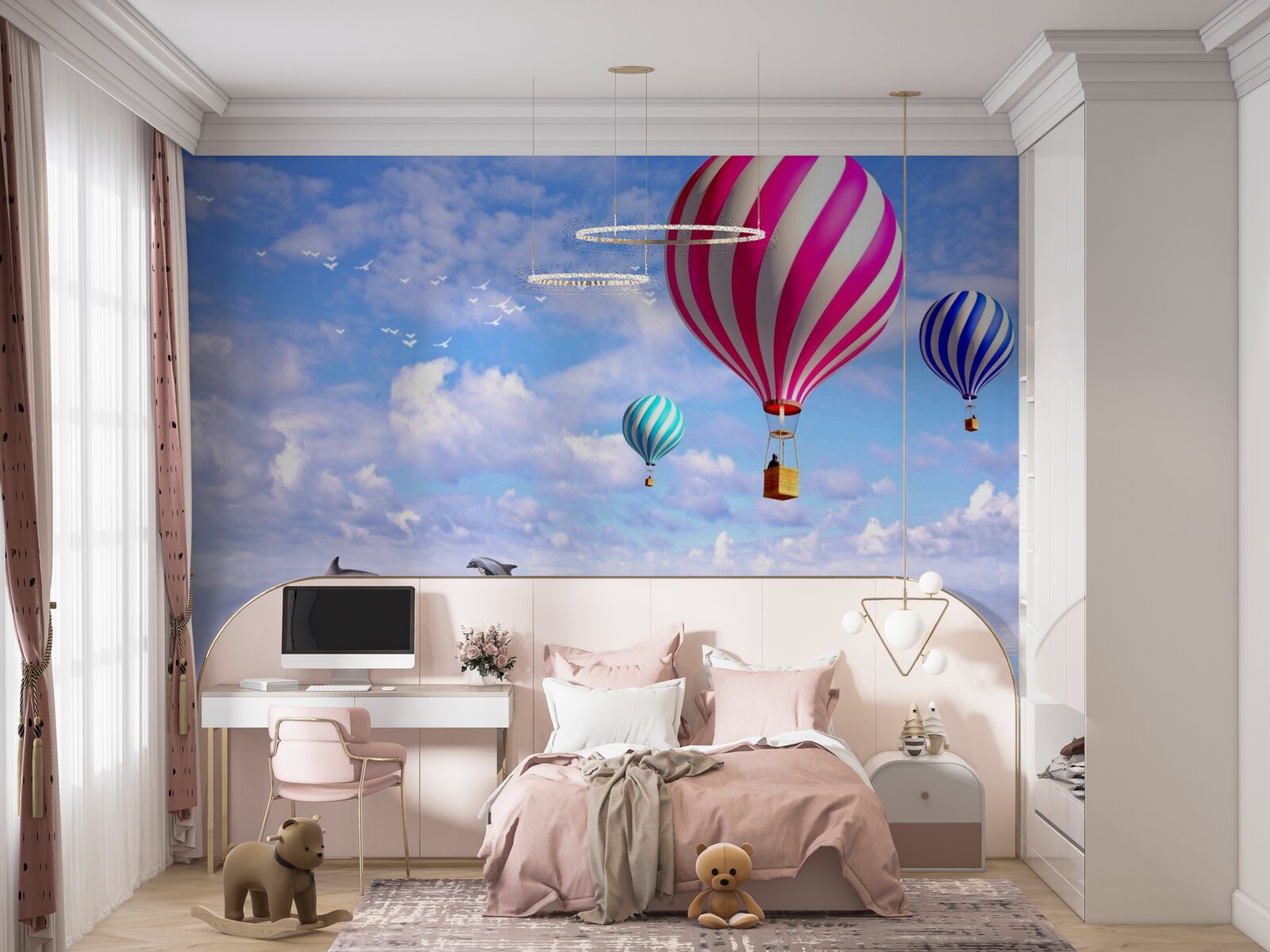 Фотошпалери польоти на повітряній кулі над морем з дельфінами