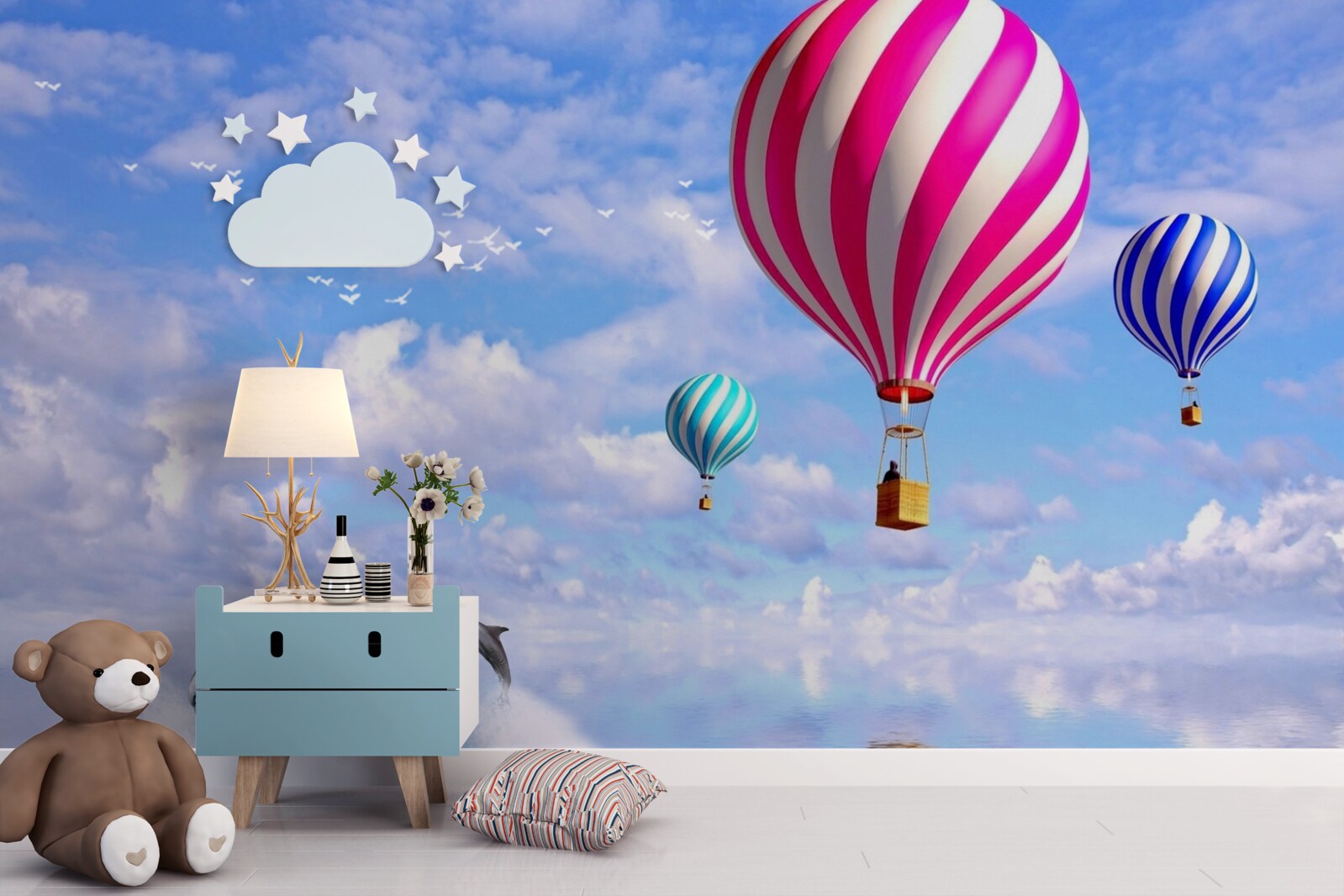 Фотошпалери польоти на повітряній кулі над морем з дельфінами