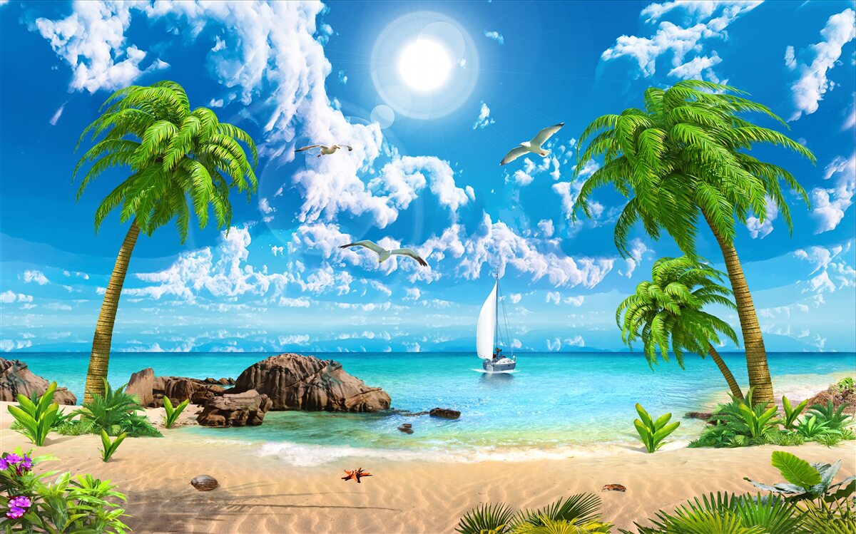 Фотошпалери тропічний причал з човном