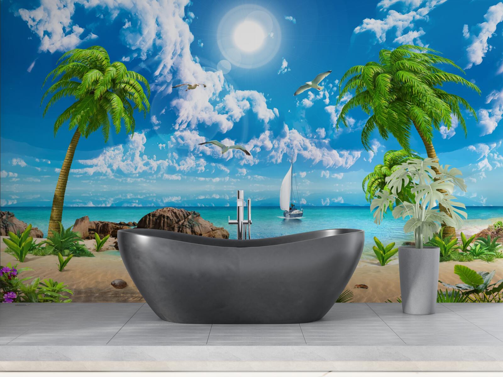 Фотошпалери тропічний причал з човном