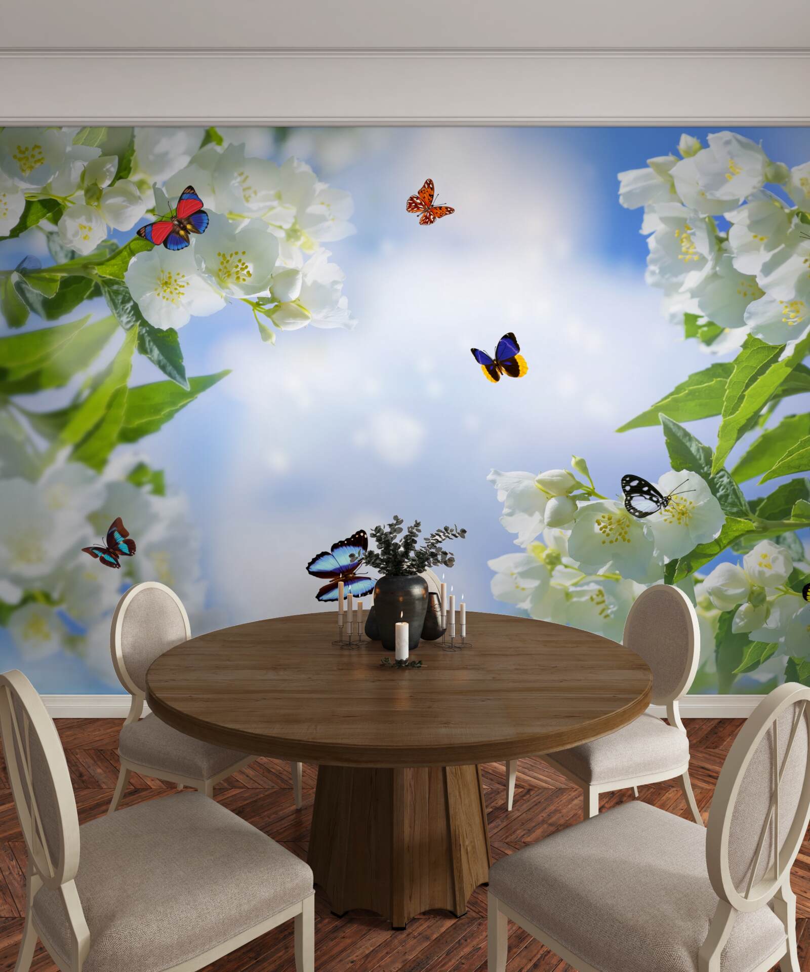 Фотошпалери різнокольорові метелики та білосніжні квіти