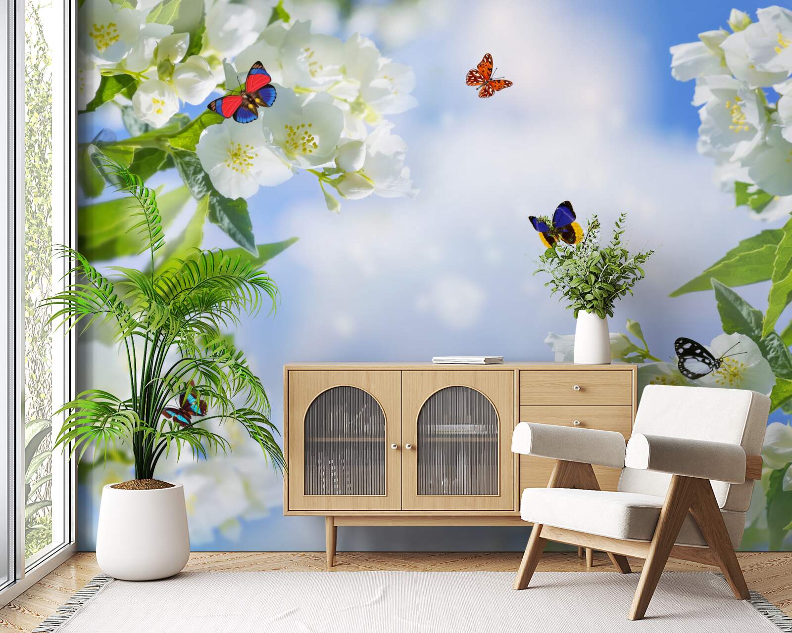 Фотошпалери різнокольорові метелики та білосніжні квіти