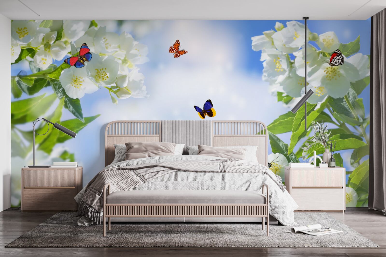 Фотошпалери різнокольорові метелики та білосніжні квіти
