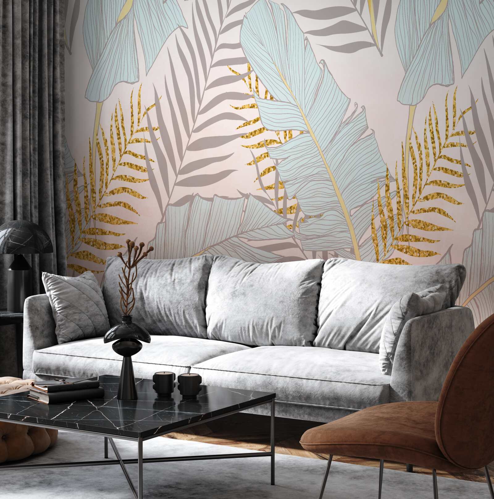 Фотошпалери бананове листя та золотава папороть