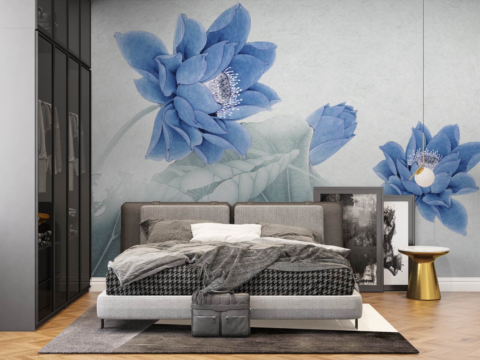 Фотошпалери на сірому тлі цвітуть блакитні лотоси