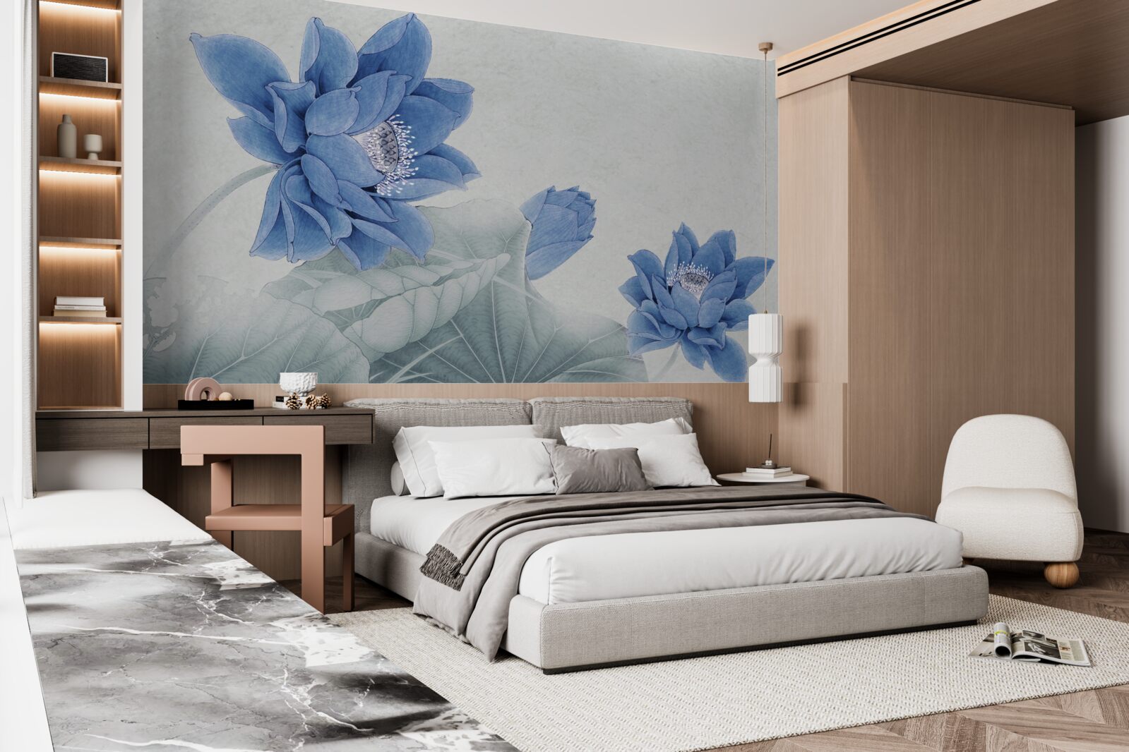 Фотошпалери на сірому тлі цвітуть блакитні лотоси