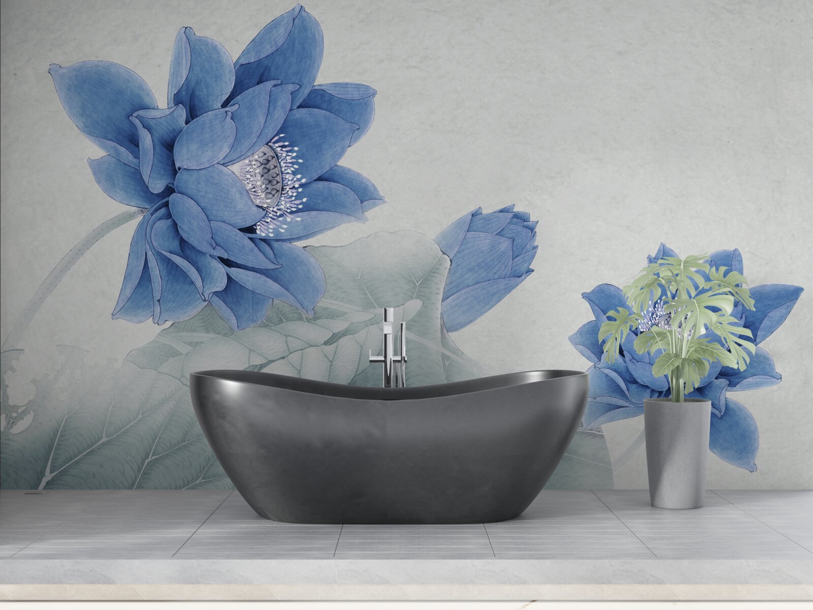 Фотошпалери на сірому тлі цвітуть блакитні лотоси