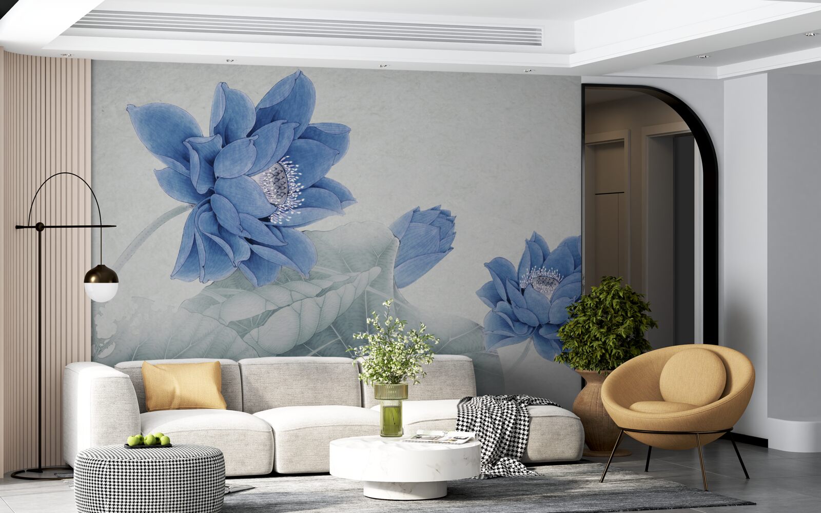 Фотошпалери на сірому тлі цвітуть блакитні лотоси
