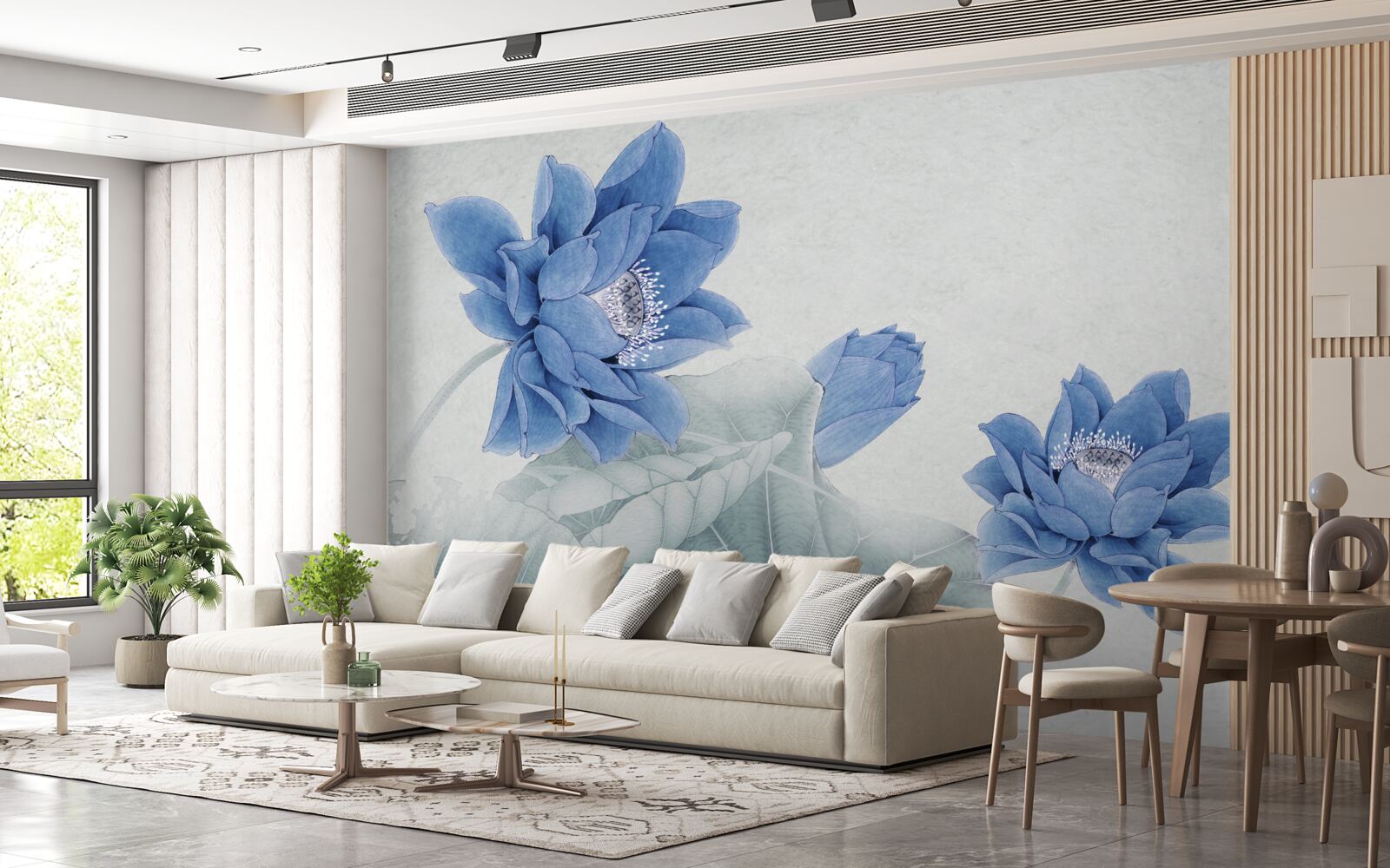 Фотошпалери на сірому тлі цвітуть блакитні лотоси
