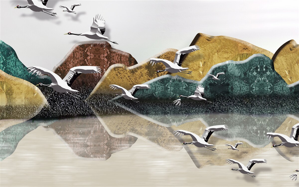 Фотошпалери спокійне озеро в горах і птахи