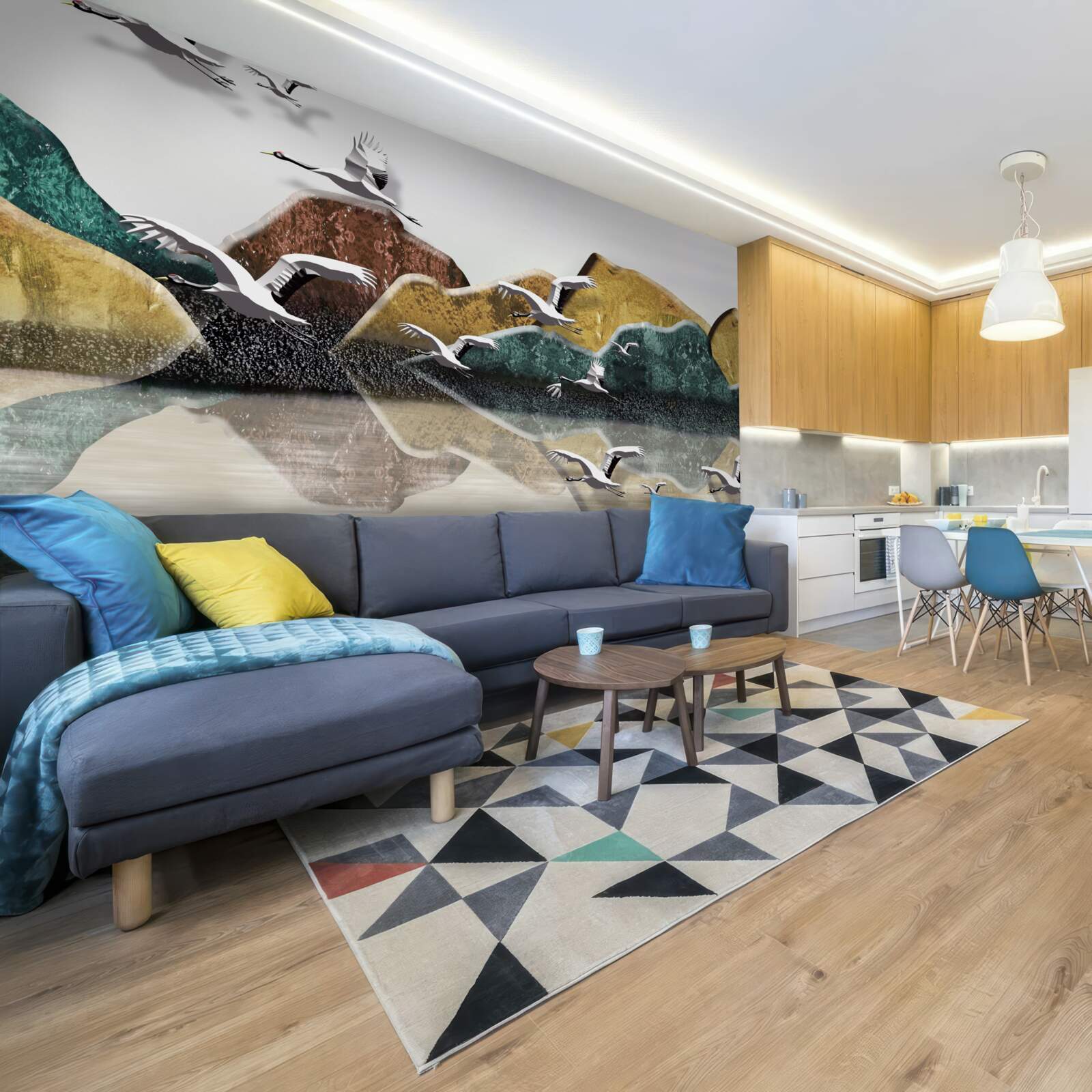 Фотошпалери спокійне озеро в горах і птахи