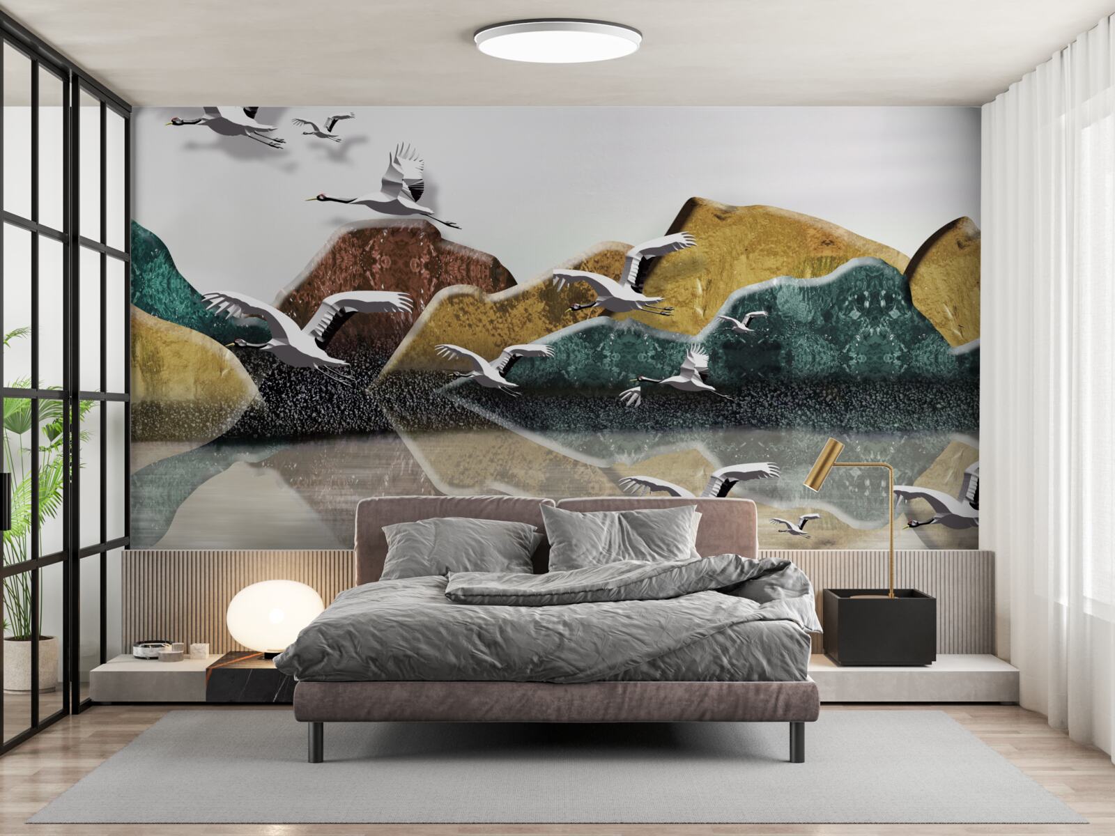 Фотошпалери спокійне озеро в горах і птахи