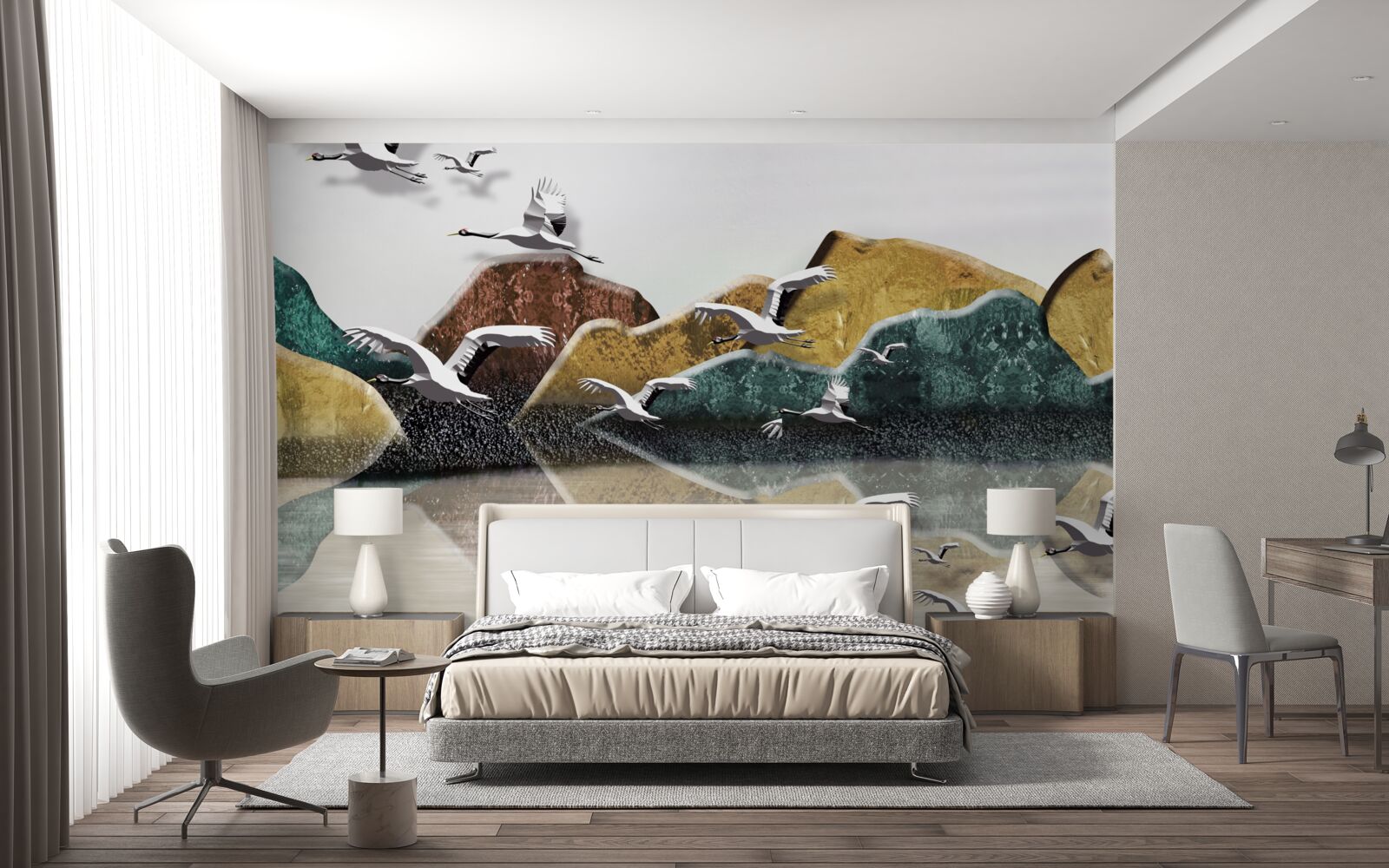 Фотошпалери спокійне озеро в горах і птахи