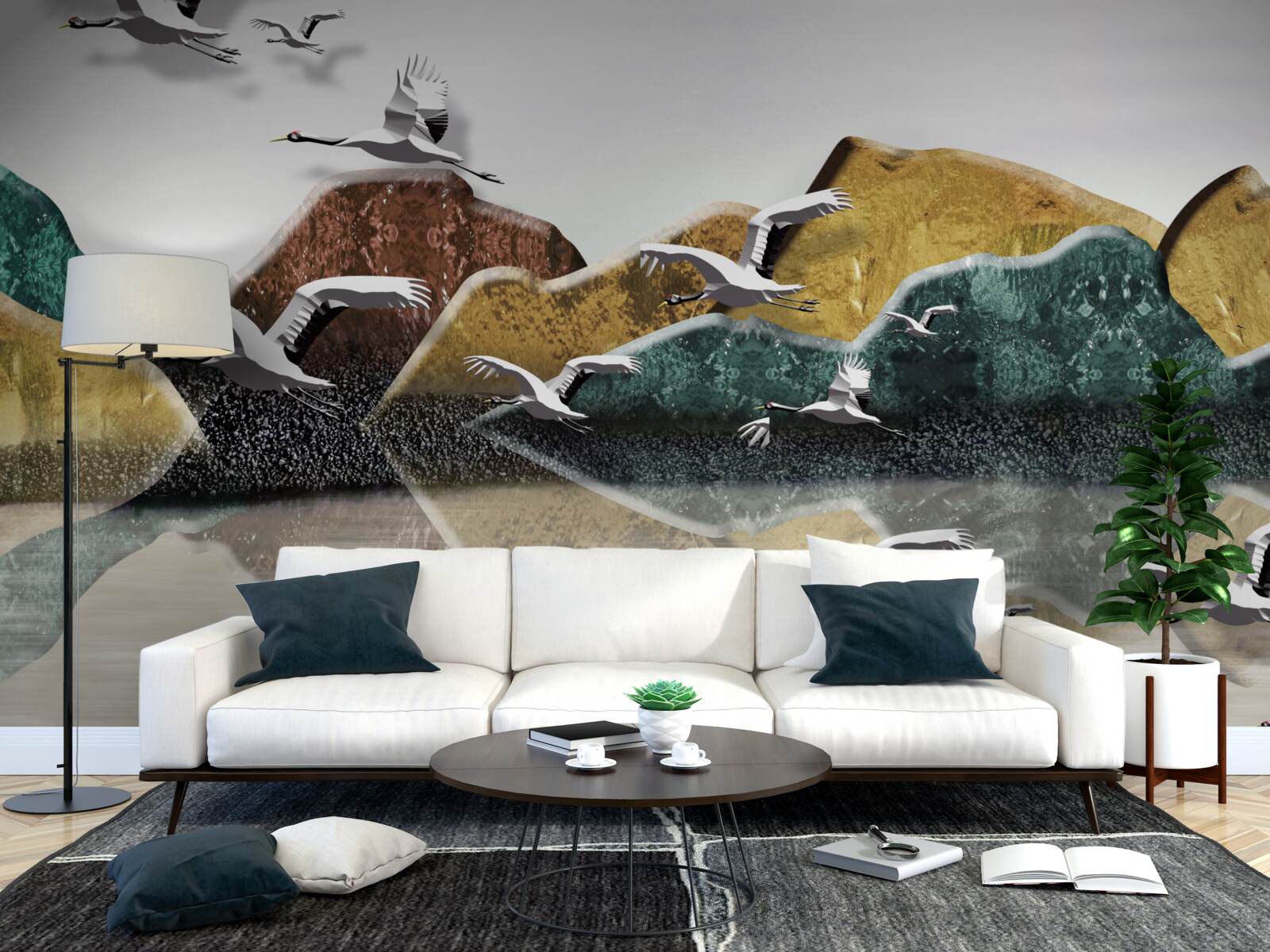 Фотошпалери спокійне озеро в горах і птахи