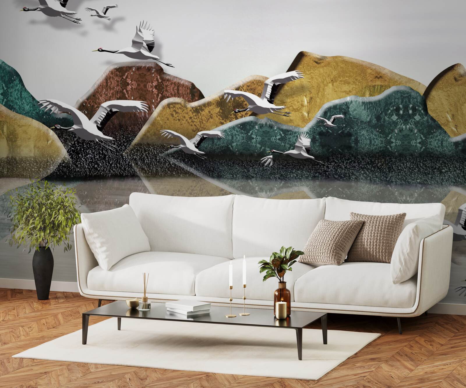 Фотошпалери спокійне озеро в горах і птахи