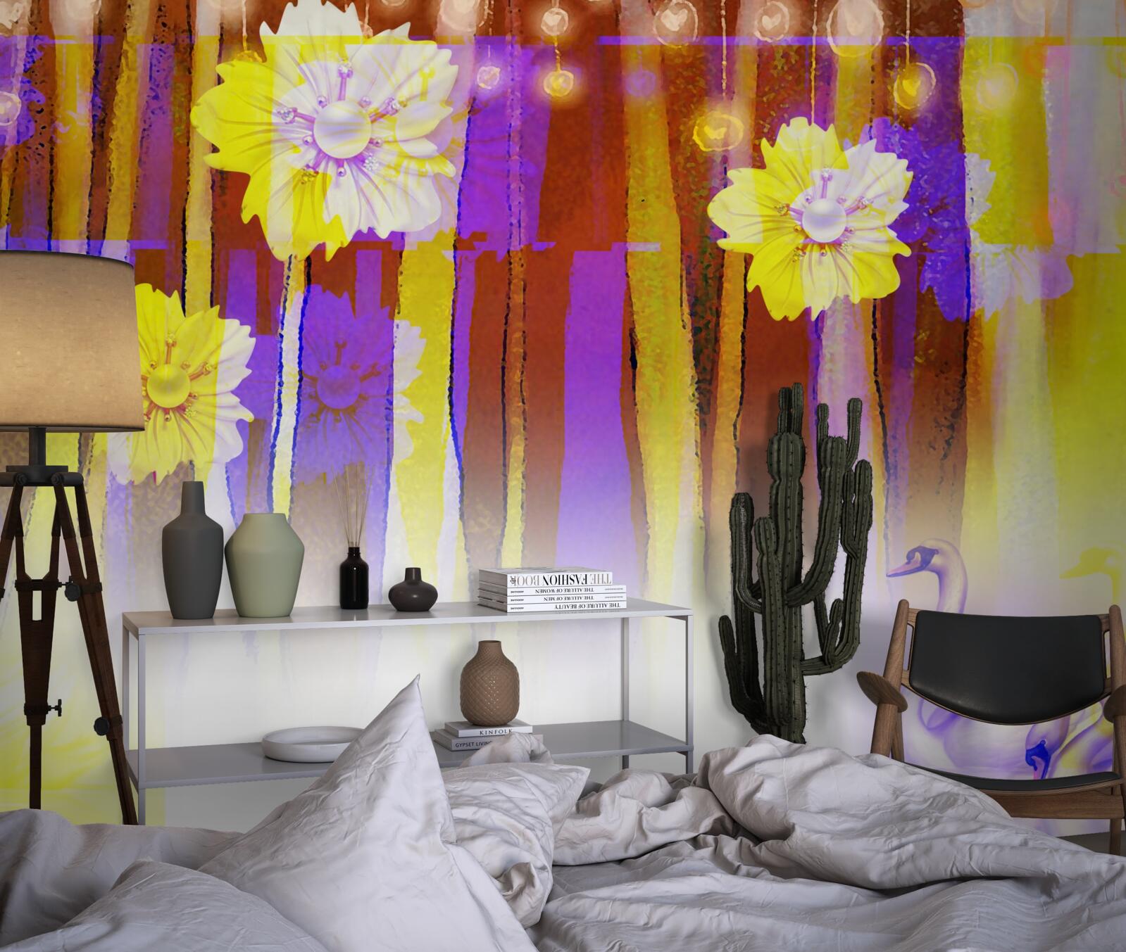 Фотошпалери лебедині квіти та лебеді, що пливуть по воді