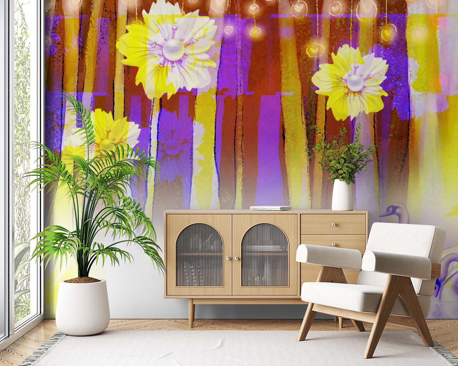 Фотошпалери лебедині квіти та лебеді, що пливуть по воді