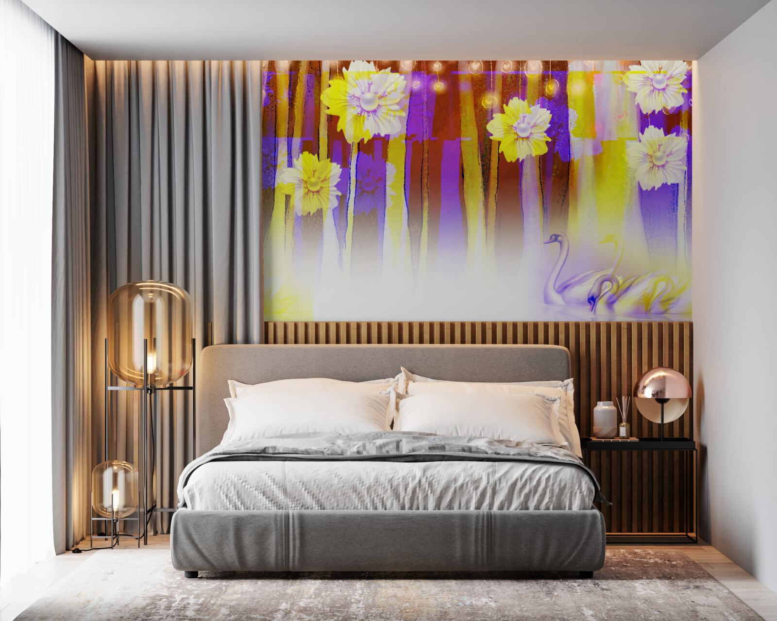 Фотошпалери лебедині квіти та лебеді, що пливуть по воді