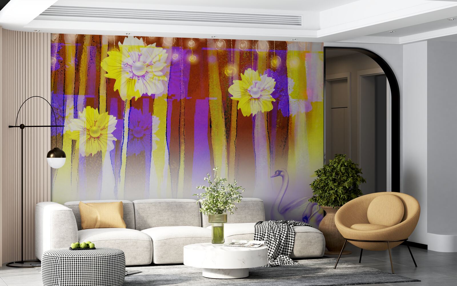 Фотошпалери лебедині квіти та лебеді, що пливуть по воді