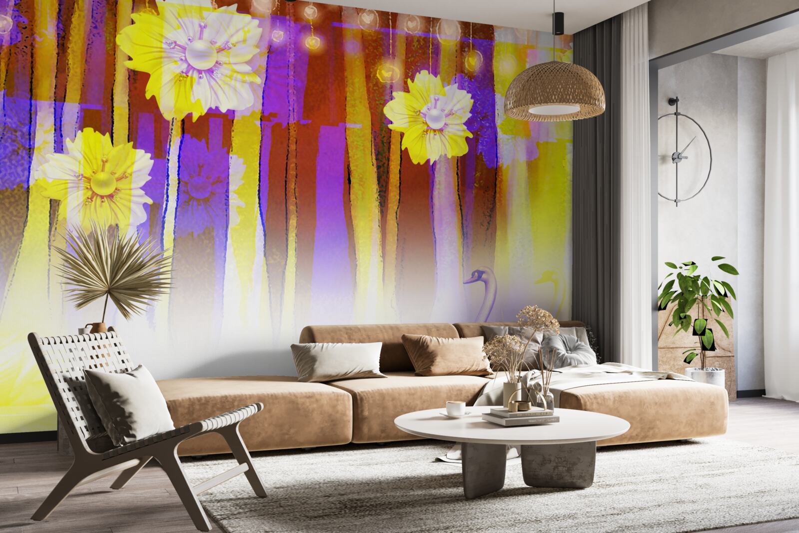 Фотошпалери лебедині квіти та лебеді, що пливуть по воді