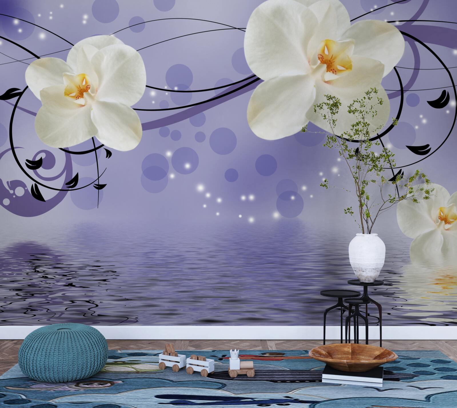 Фотошпалери біля ставка - великі білосніжні квіти