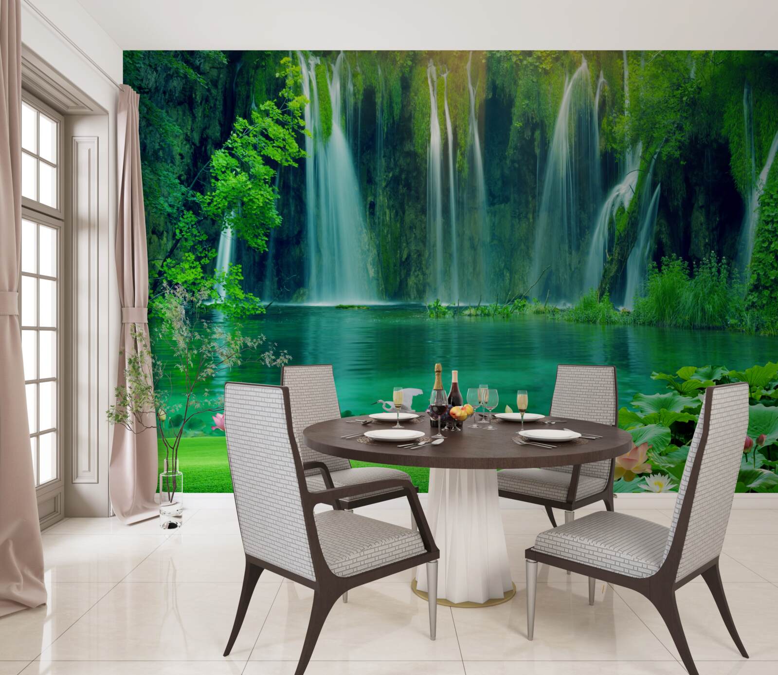 Фотошпалери водоспади, що падають у кришталево чисте озеро