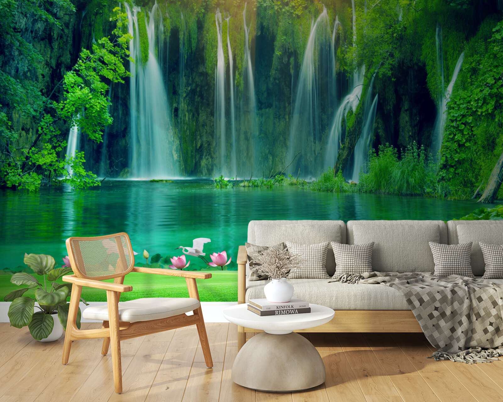 Фотошпалери водоспади, що падають у кришталево чисте озеро