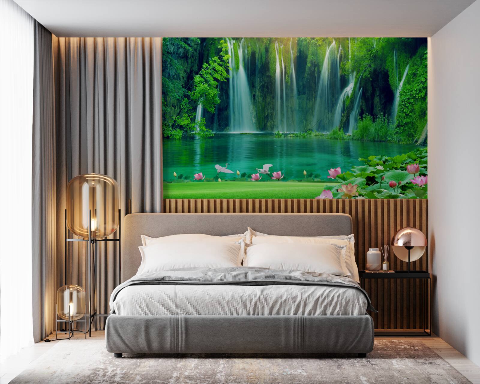 Фотошпалери водоспади, що падають у кришталево чисте озеро