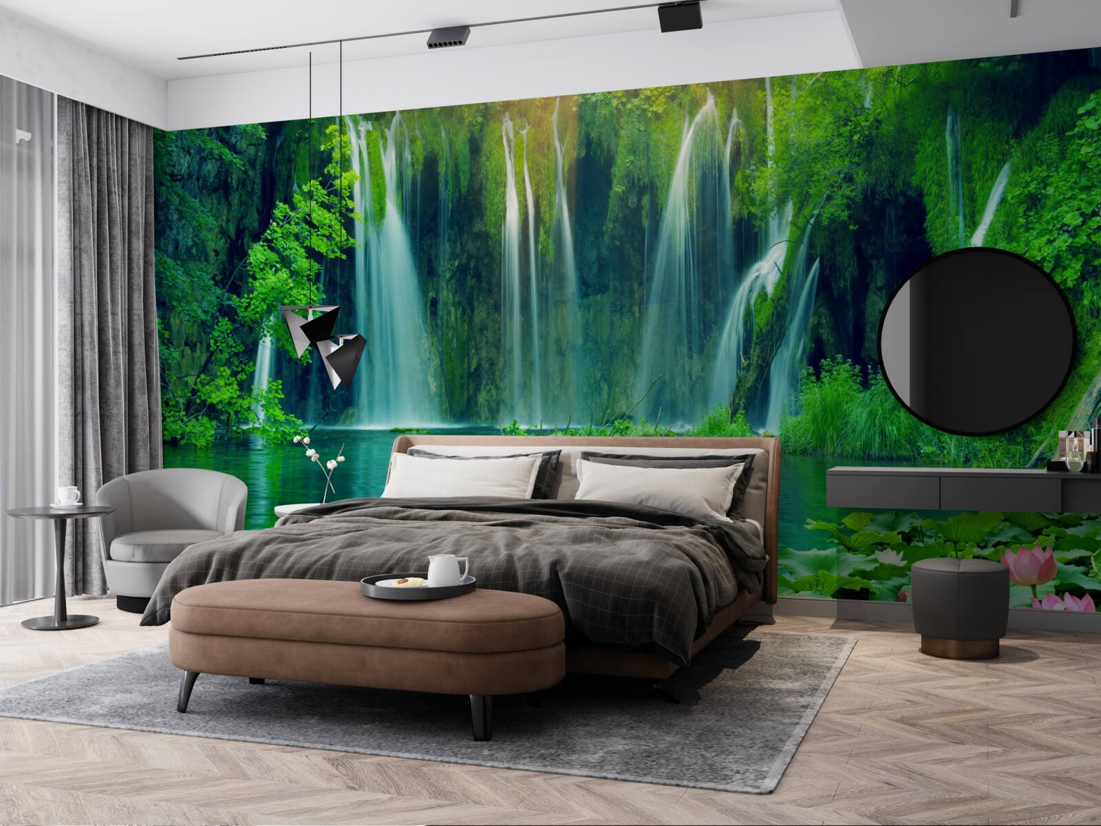 Фотошпалери водоспади, що падають у кришталево чисте озеро