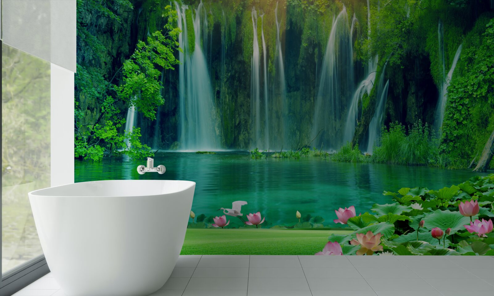 Фотошпалери водоспади, що падають у кришталево чисте озеро