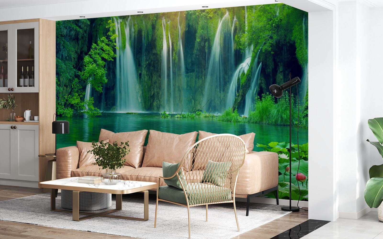 Фотошпалери водоспади, що падають у кришталево чисте озеро