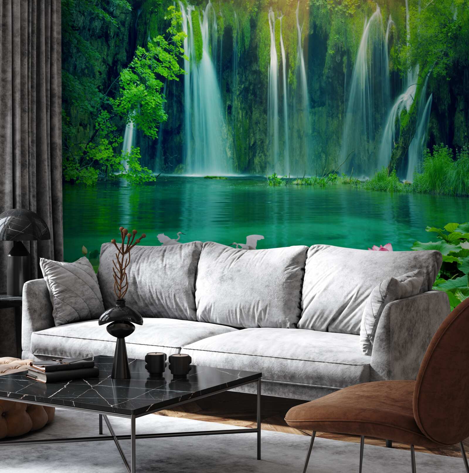 Фотошпалери водоспади, що падають у кришталево чисте озеро