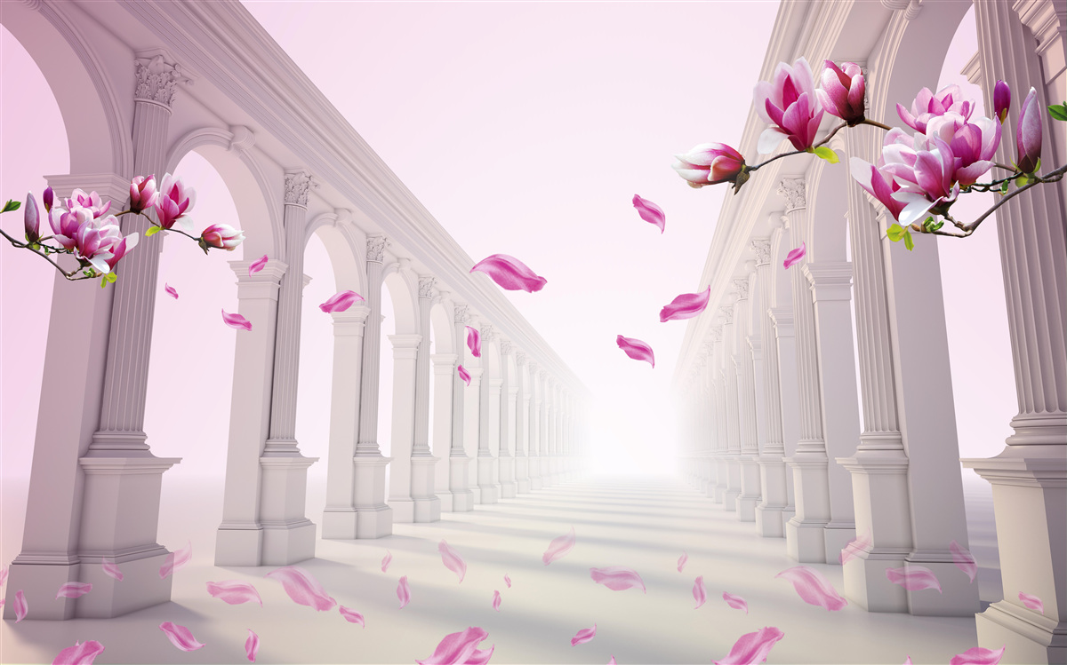 Фотошпалери магнолії утворюють нескінченний тунель, квітучий з пишністю