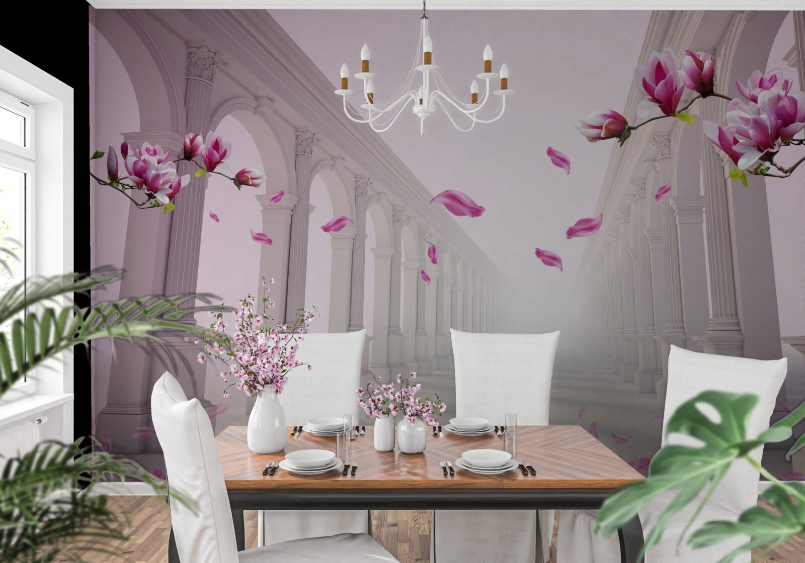 Фотошпалери магнолії утворюють нескінченний тунель, квітучий з пишністю